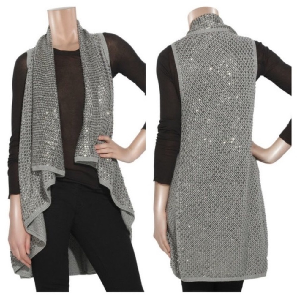 Alice + Olivia Metallic Open Knit Sequin Vest Cardigan Gray Silver Sleeveless SP